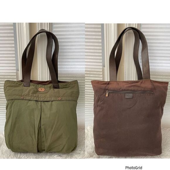 Celine Vintage Reversible Green‎ Nylon & Brown Canvas Tote Shoulder Bag medium